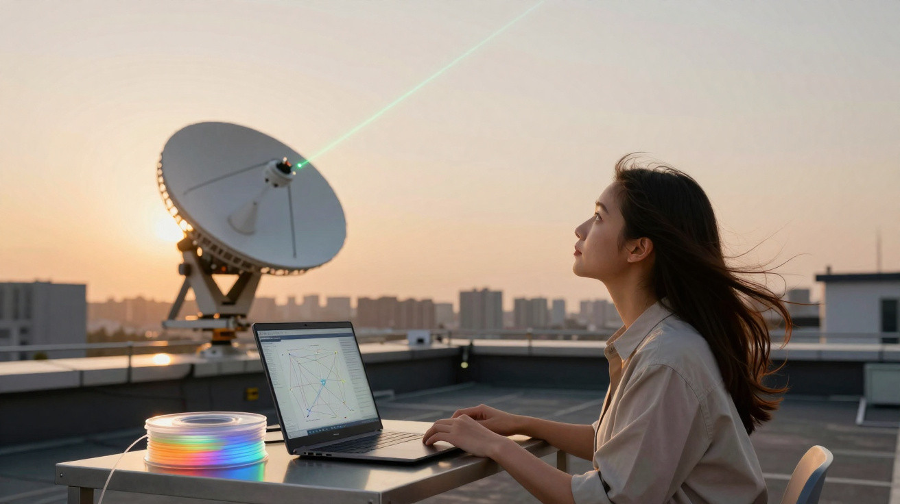 Mulher olhando para satélite com laptop e cabo de fibra óptica em mesa no telhado ao pôr do sol.