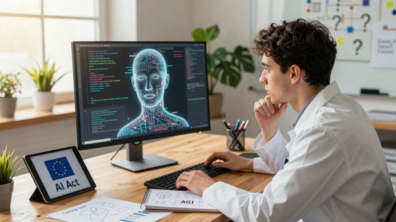 Profissional analisando modelo digital de inteligência artificial em computador em escritório moderno.
