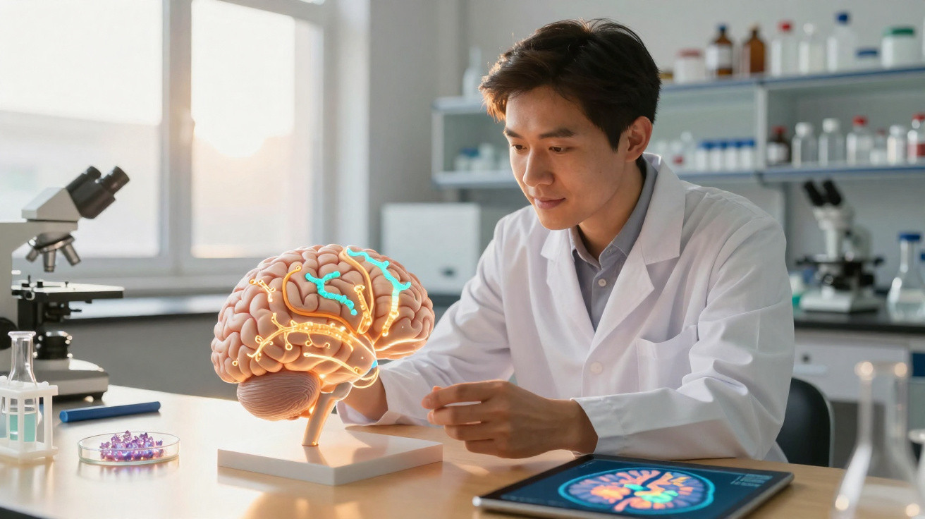 Cientista em laboratório analisando modelo anatômico do cérebro com imagens digitais na mesa.
