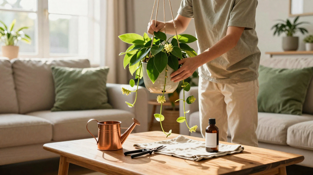 Pessoa cuidando de planta pendurada em vaso dentro de sala com sofá e mesa de madeira.