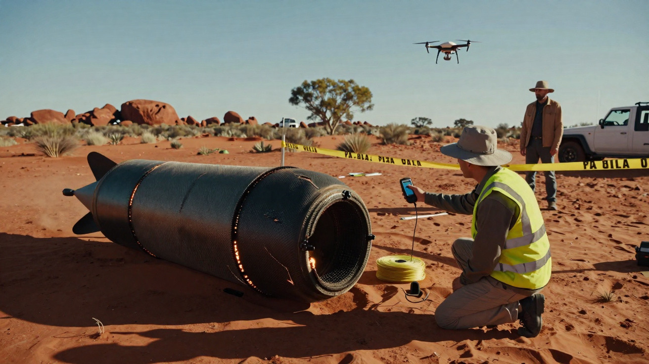 Homem com colete amarelo inspeciona objeto cilíndrico grande no deserto enquanto drone voa ao fundo.