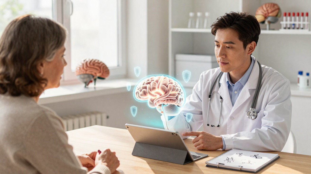 Médico explica exame neurológico para paciente utilizando tablet com imagem holográfica do cérebro.