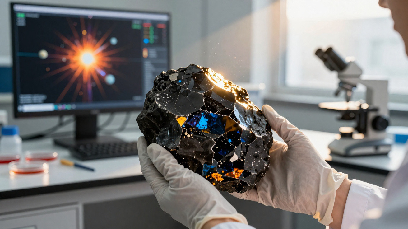 Mãos com luvas seguram um grande meteorito preto com reflexos azuis em um laboratório científico.