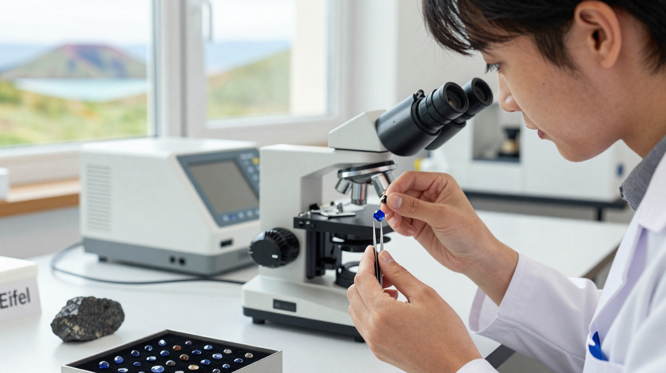 Pesquisadora analisando uma pedra azul com pinça em laboratório próximo a um microscópio e amostras.