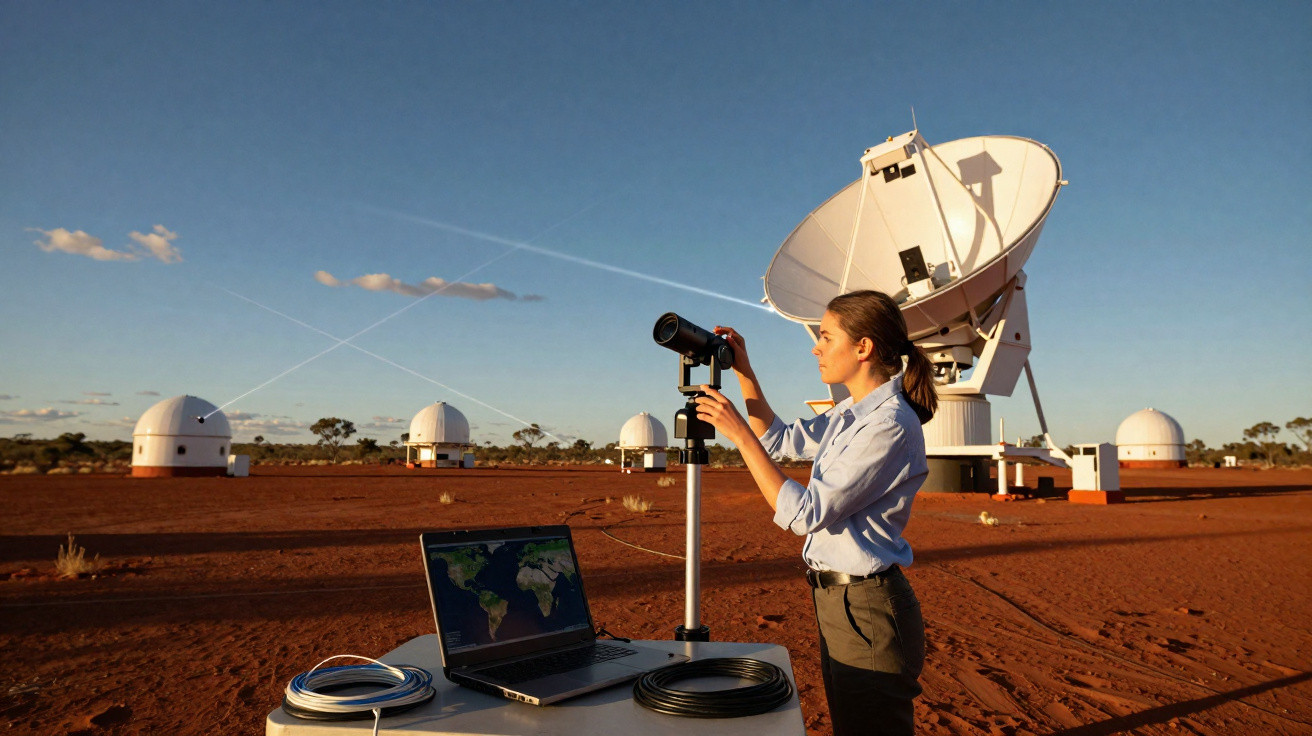 Mulher ajusta telescópio em observatório astronômico com antenas parabólicas e laptop ao pôr do sol.