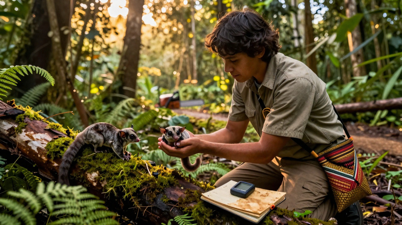 Jovem em uniforme observa dois gambás em tronco coberto de musgo em floresta iluminada pelo sol.