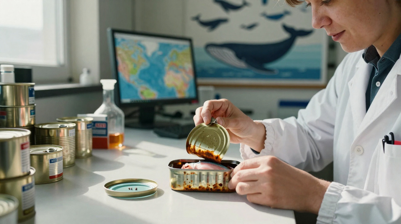 Pessoa com jaleco branco analisando alimentos enlatados em laboratório com mapas e ilustrações no fundo.