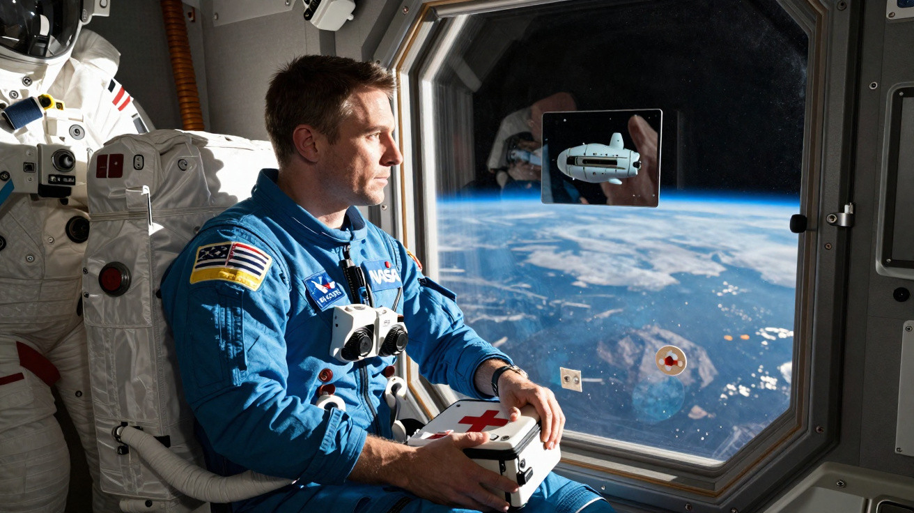 Astronauta em traje azul dentro da estação espacial olhando para a Terra pela janela com modelo de nave.