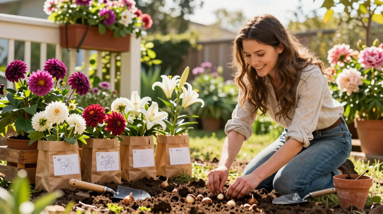 Mulher sorridente plantando flores em jardim, rodeada por vasos e sementes.