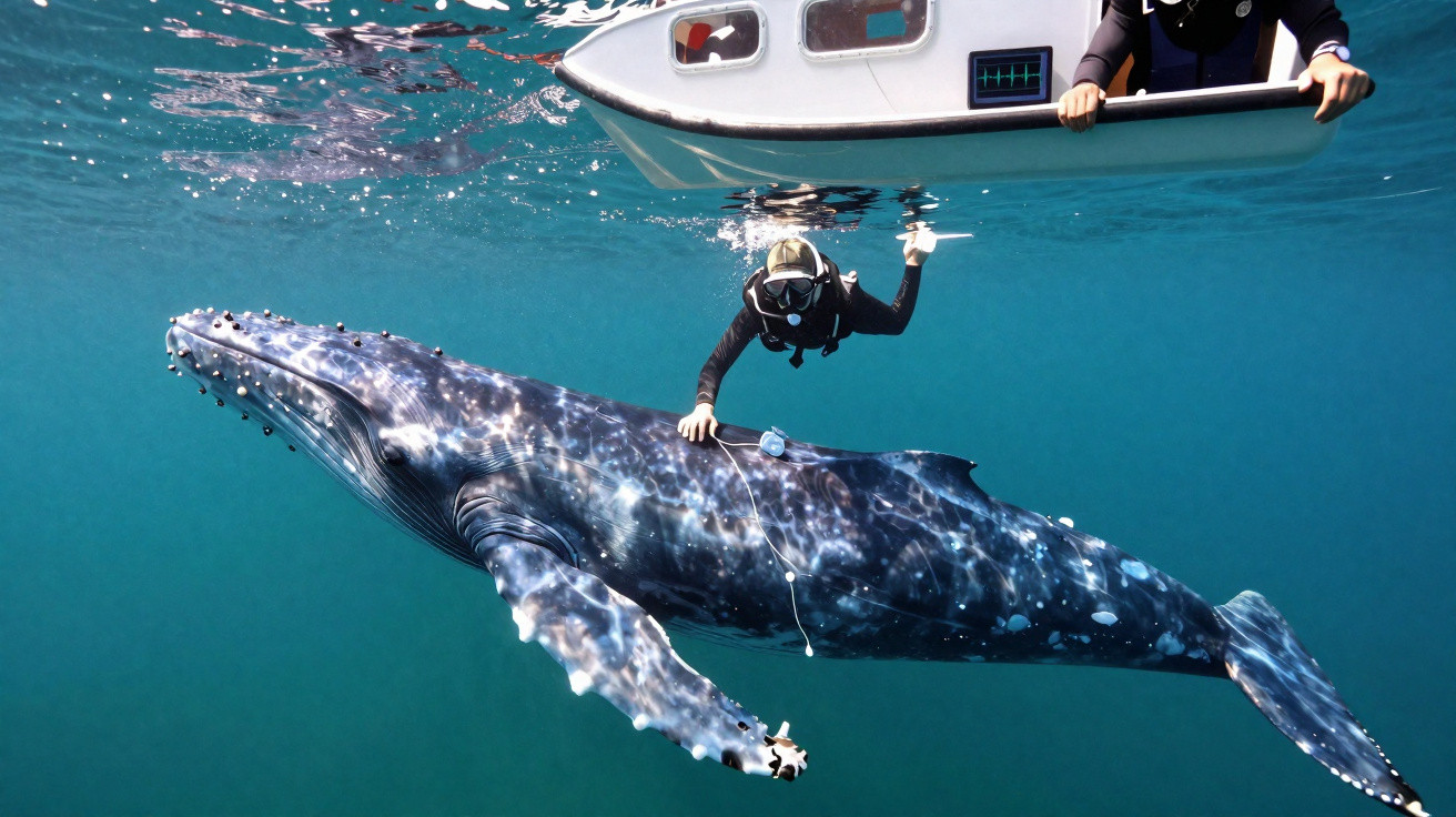 Mergulhador toca baleia azul próxima a barco em águas claras e calmas.