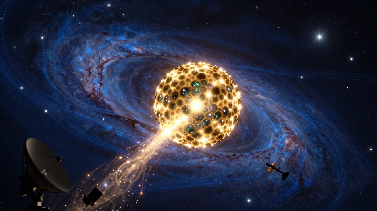 Representação artística de uma esfera luminosa orbitando em uma galáxia espiral com antena parabólica e satélites.
