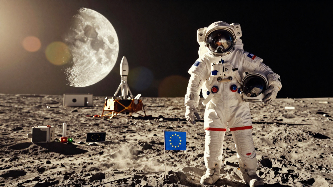 Astronauta em traje espacial na superfície da lua, segurando capacete, com foguete e bandeira da UE ao fundo.