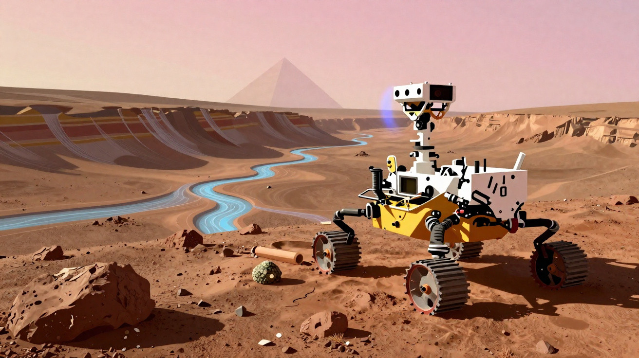 Rover explorando terreno marciano árido com rio azul e pirâmide ao fundo sob céu rosado.