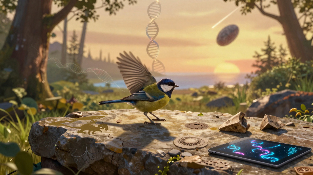 Pássaro pousado em pedra com símbolos antigos e hologramas de DNA ao pôr do sol em ambiente natural.