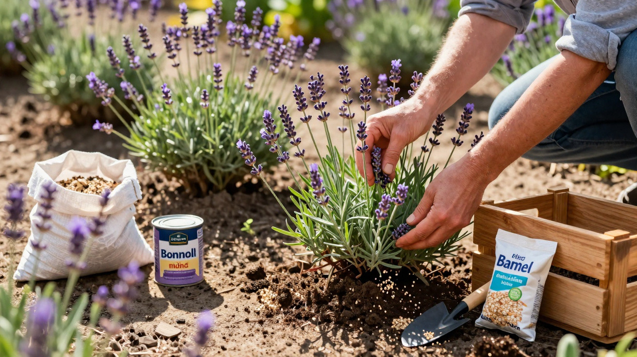 Mãos cuidadosas colhendo flores de lavanda em jardim com sementes, caixa de madeira e ferramentas ao redor.