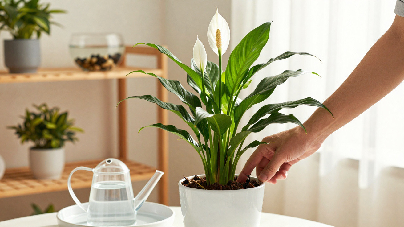 Pessoa cuidando de uma planta lírio da paz em vaso branco em ambiente interno iluminado por luz natural.