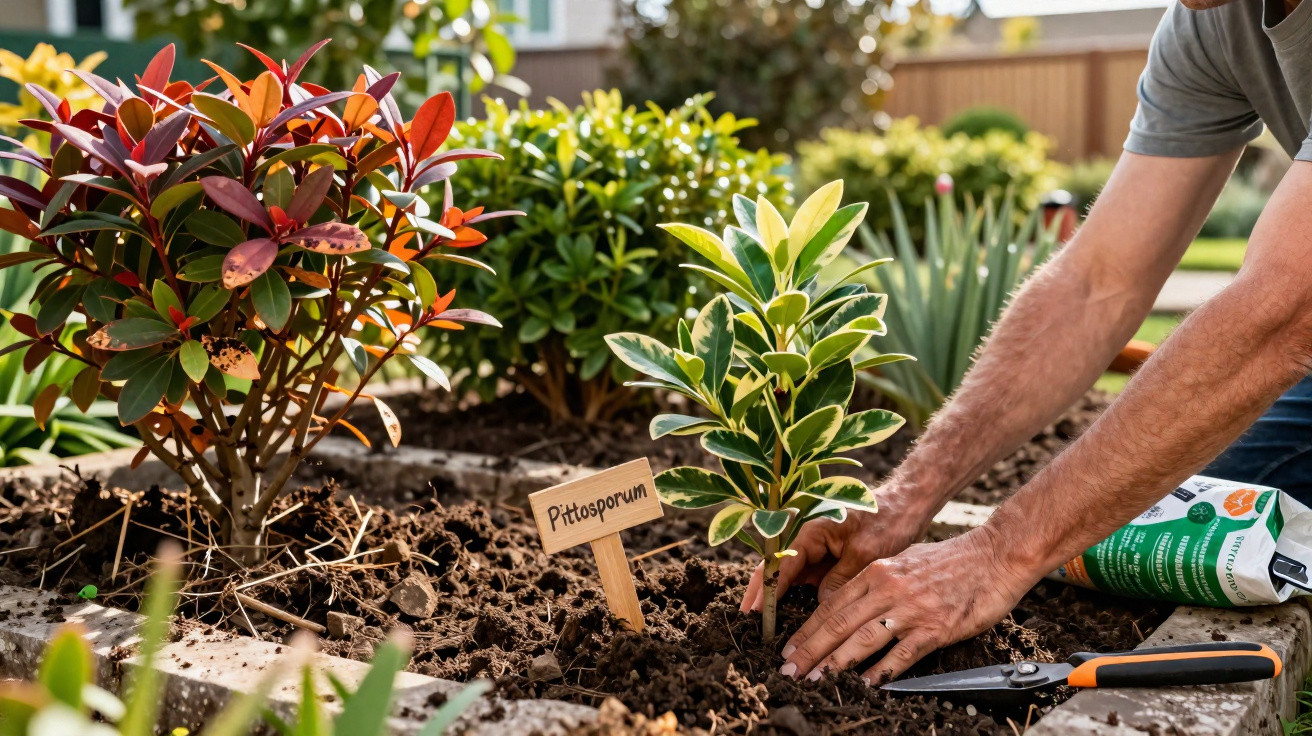 Pessoa plantando muda de Pittosporum em jardim com solo preparado e ferramentas ao lado.