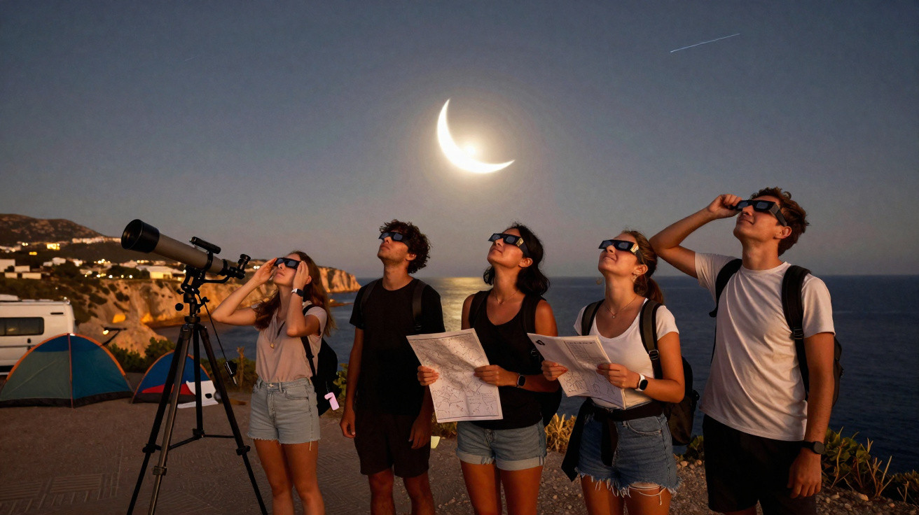 Cinco pessoas usando óculos especiais observam eclipse solar ao ar livre com mapa e telescópio à beira-mar.