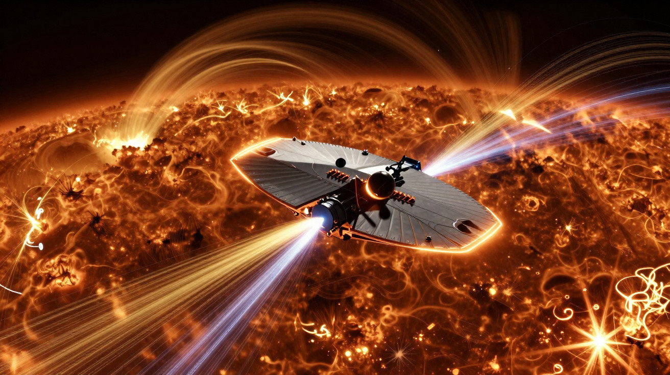 Sonda espacial próximo ao Sol com jatos de plasma e intensas atividades solares visíveis em tons laranja e amarelo.