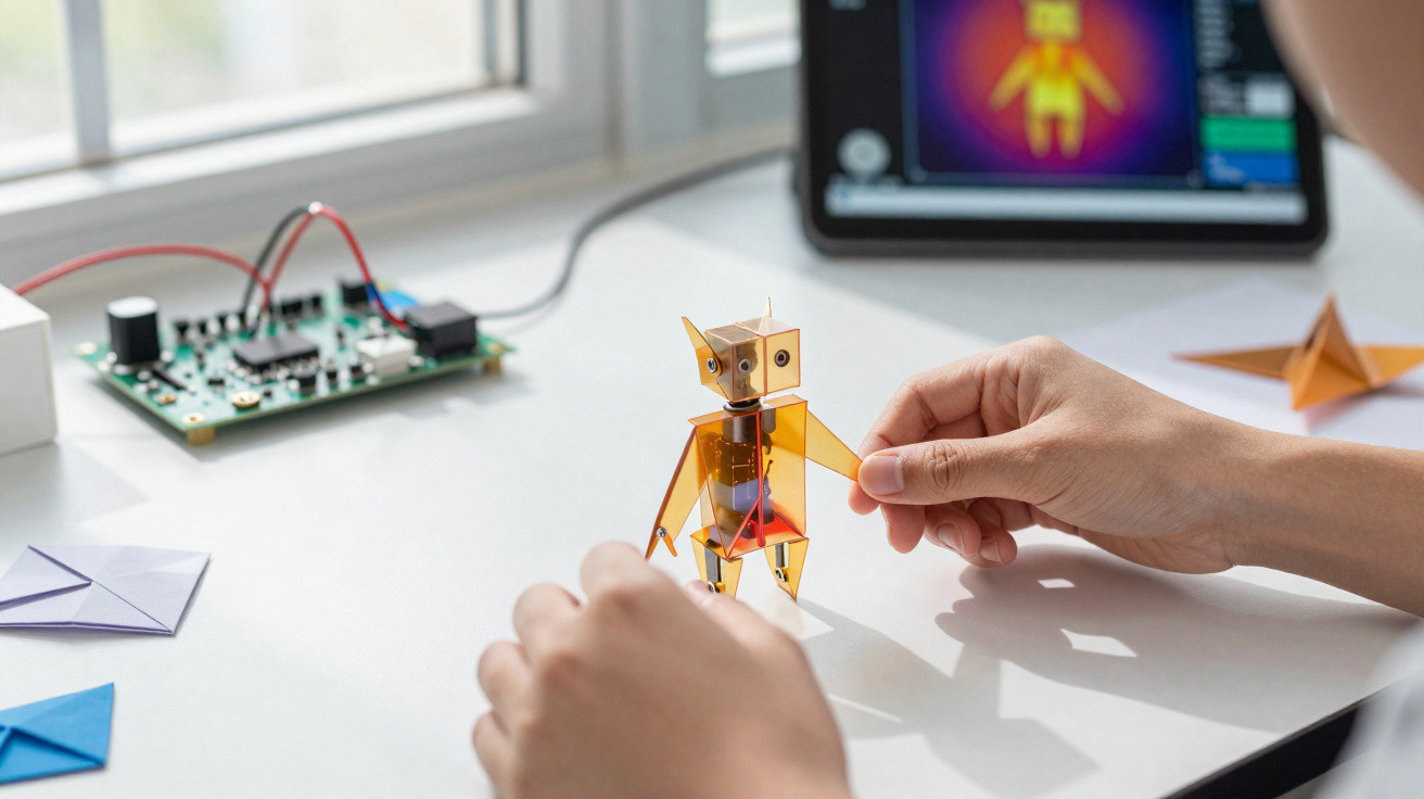 Mãos manipulando um pequeno robô amarelo translúcido sobre mesa com circuito e tablet ao fundo.