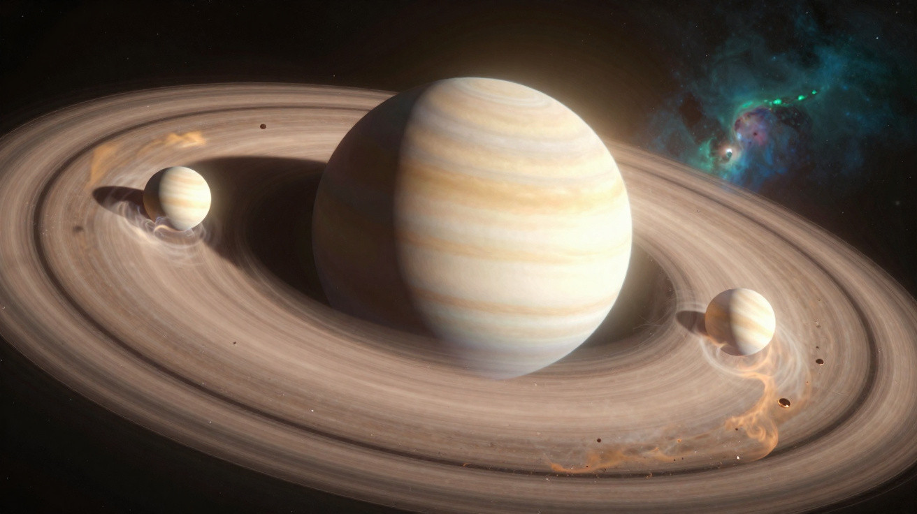 Planeta gigante com anéis e duas luas na vastidão do espaço interestelar colorido.