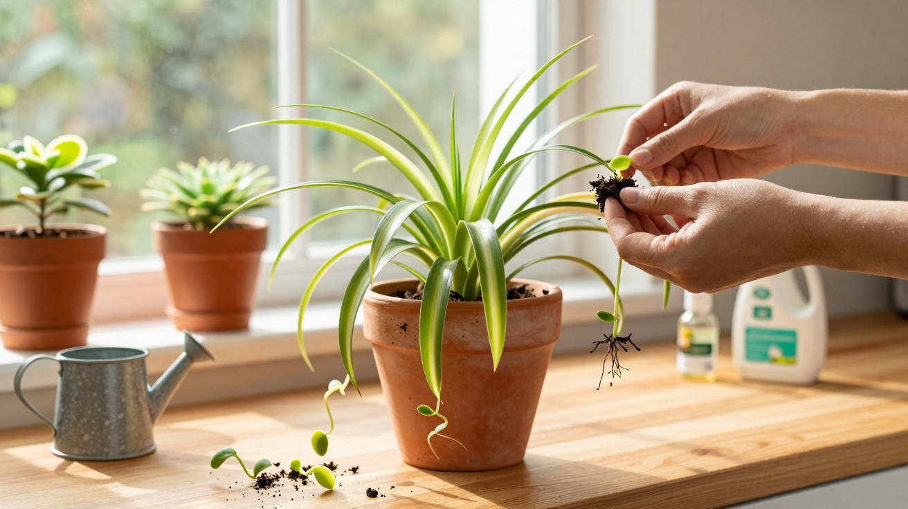 Mãos segurando muda de planta com raízes perto de vaso de planta e regador em bancada de madeira.