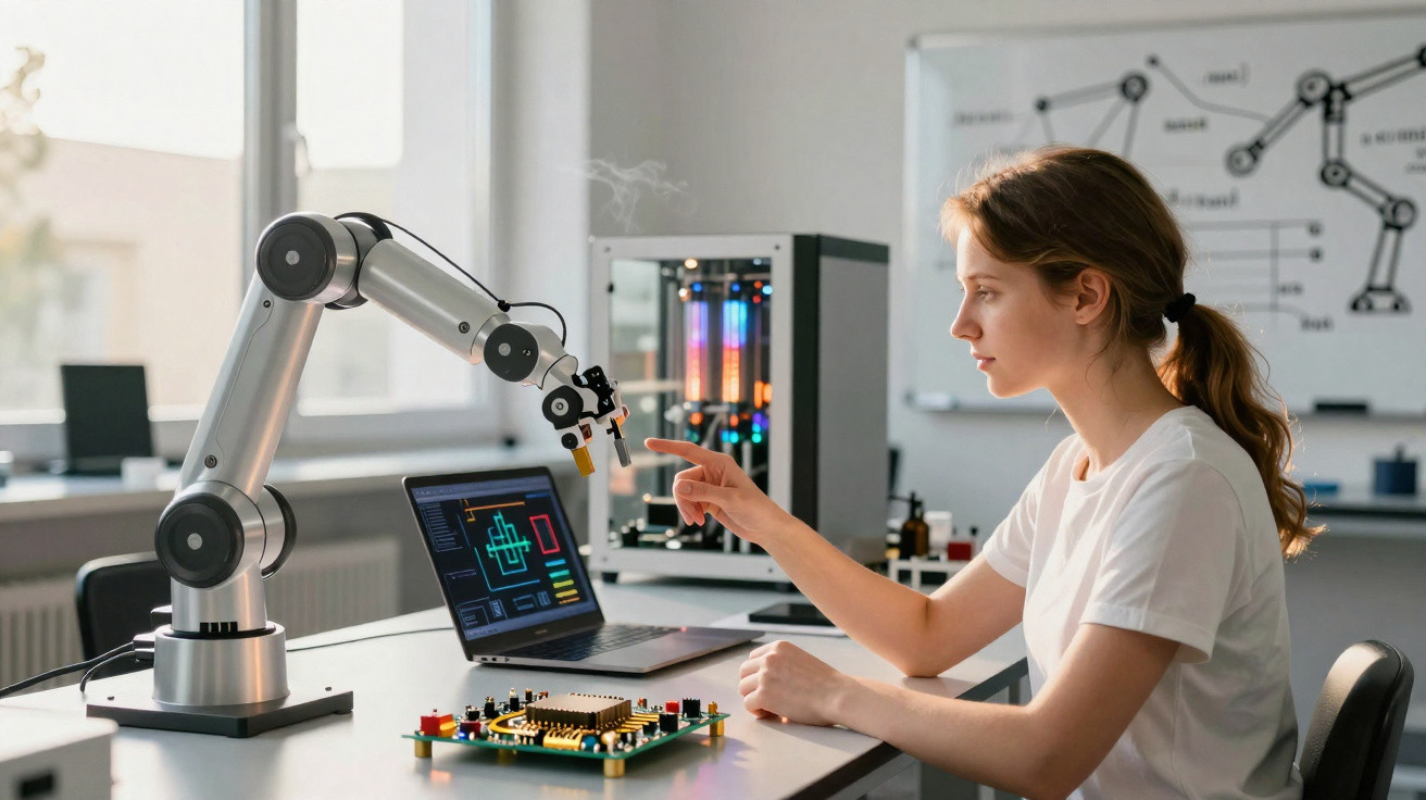 Jovem mulher interagindo com braço robótico e circuito eletrônico em laboratório tecnológico moderno.