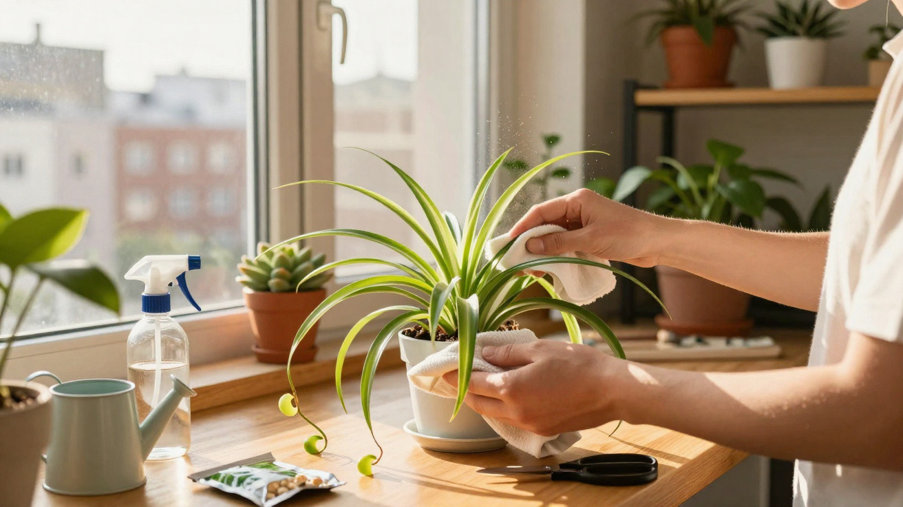 Pessoa limpando planta em vaso branco sobre mesa de madeira próxima à janela em ambiente interno.