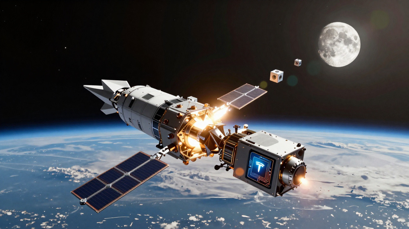 Satélite com painéis solares orbitando a Terra, com a Lua ao fundo em céu escuro.