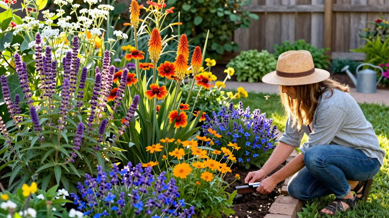 Mulher de chapéu cuidando de flores coloridas em canteiro de jardim ensolarado.
