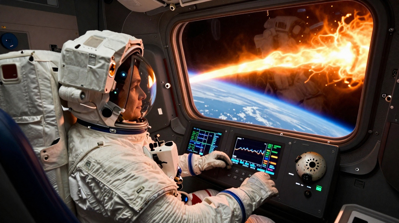 Astronauta em cabine observa meteoro em chamas passando sobre a Terra no espaço.