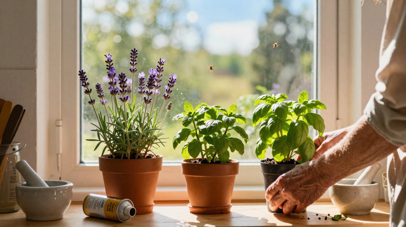 Vasos com plantas de lavanda e manjericão em janela ensolarada com mão cuidando das plantas e utensílios de cozinha.