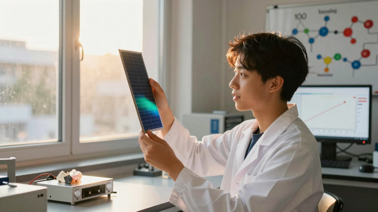 Jovem cientista em laboratório analisando um painel solar sob luz natural próxima à janela.