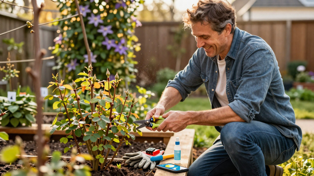 Homem sorrindo podando plantas em jardim com ferramentas ao lado em dia ensolarado