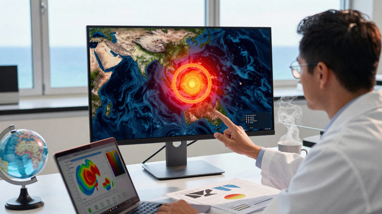 Cientista analisa simulação de terremoto em tela de computador em escritório com globo terrestre próximo.