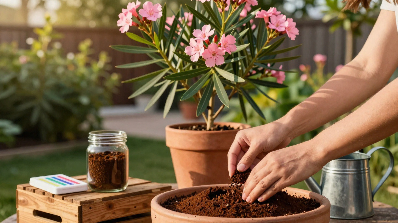 Pessoa colocando terra em vaso com planta florida rosa em jardim ensolarado.