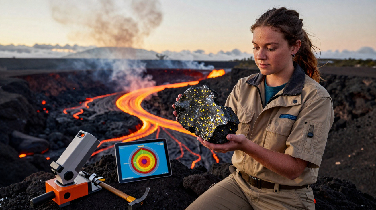 Mulher cientista segura rocha vulcânica perto de lava incandescente com equipamento de análise ao lado.