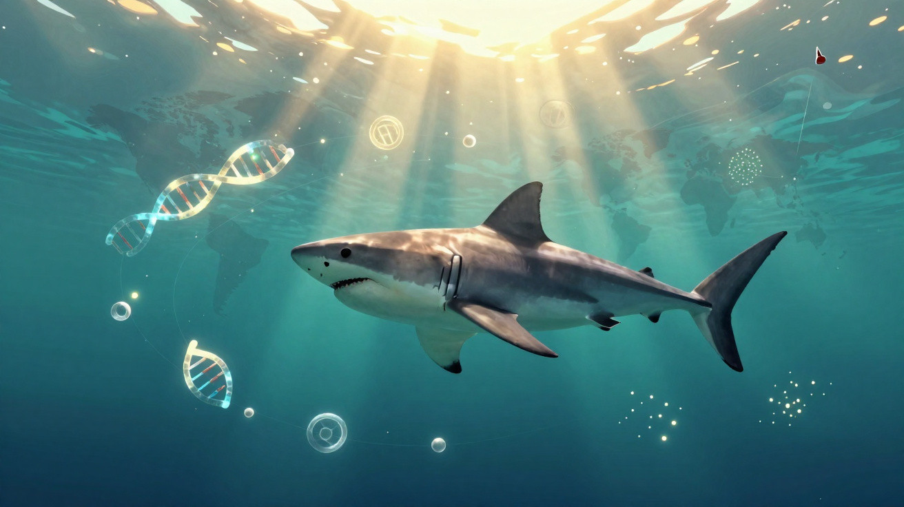Tubarão nadando em mar azul com raios de luz e ícones digitais de DNA ao seu redor.