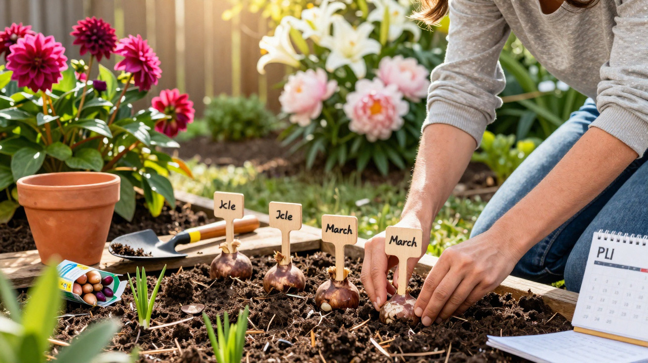 Pessoa plantando bulbos em canteiro com etiquetas e flores ao fundo em jardim ensolarado.