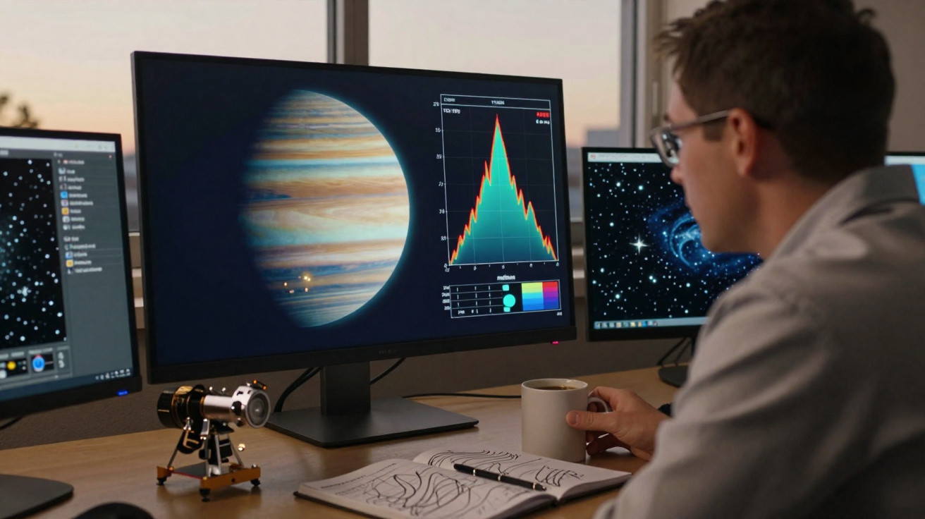 Astrônomo analisa imagens de planeta e gráficos em múltiplos monitores em escritório à noite.