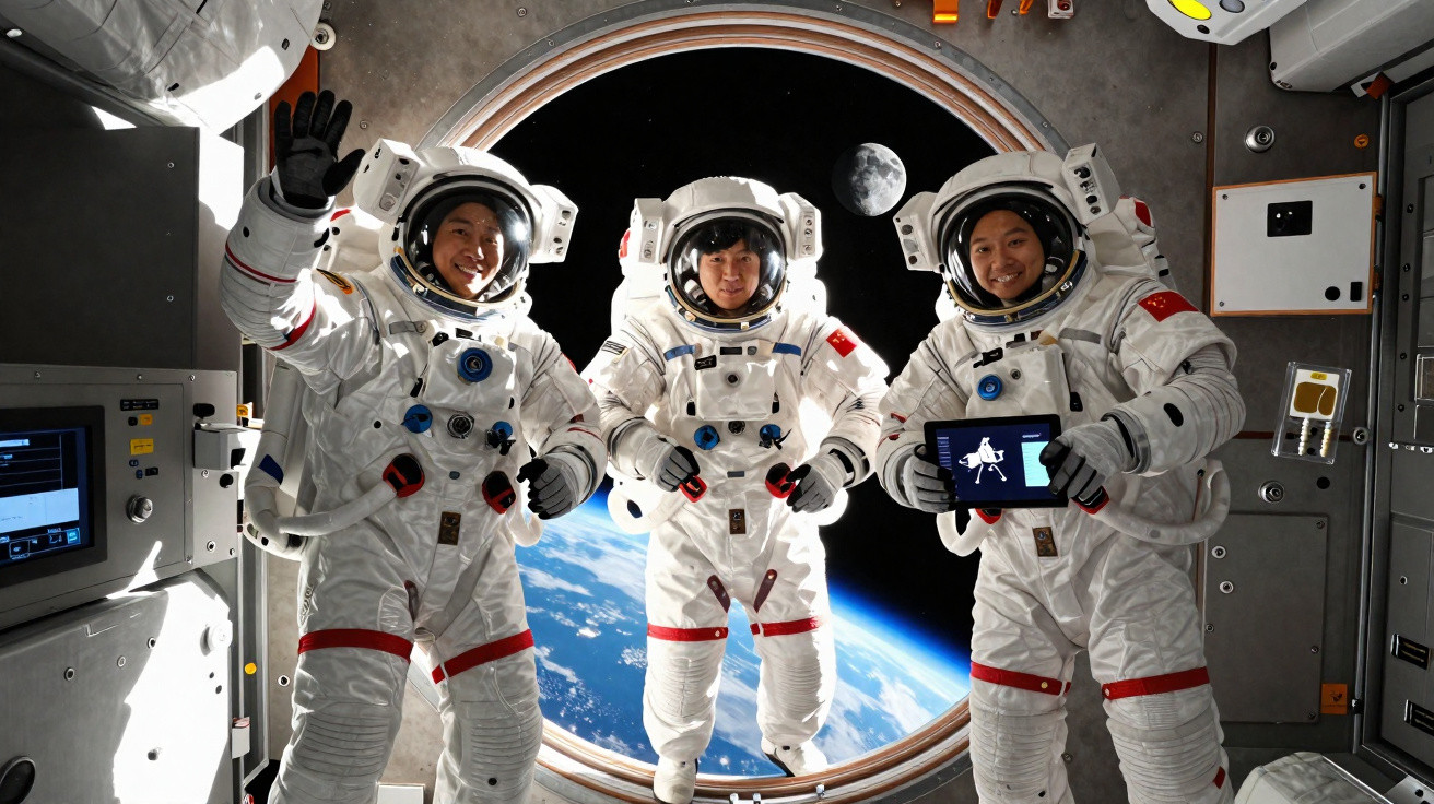 Três astronautas em trajes espaciais dentro de uma estação espacial com a Terra e a Lua ao fundo.