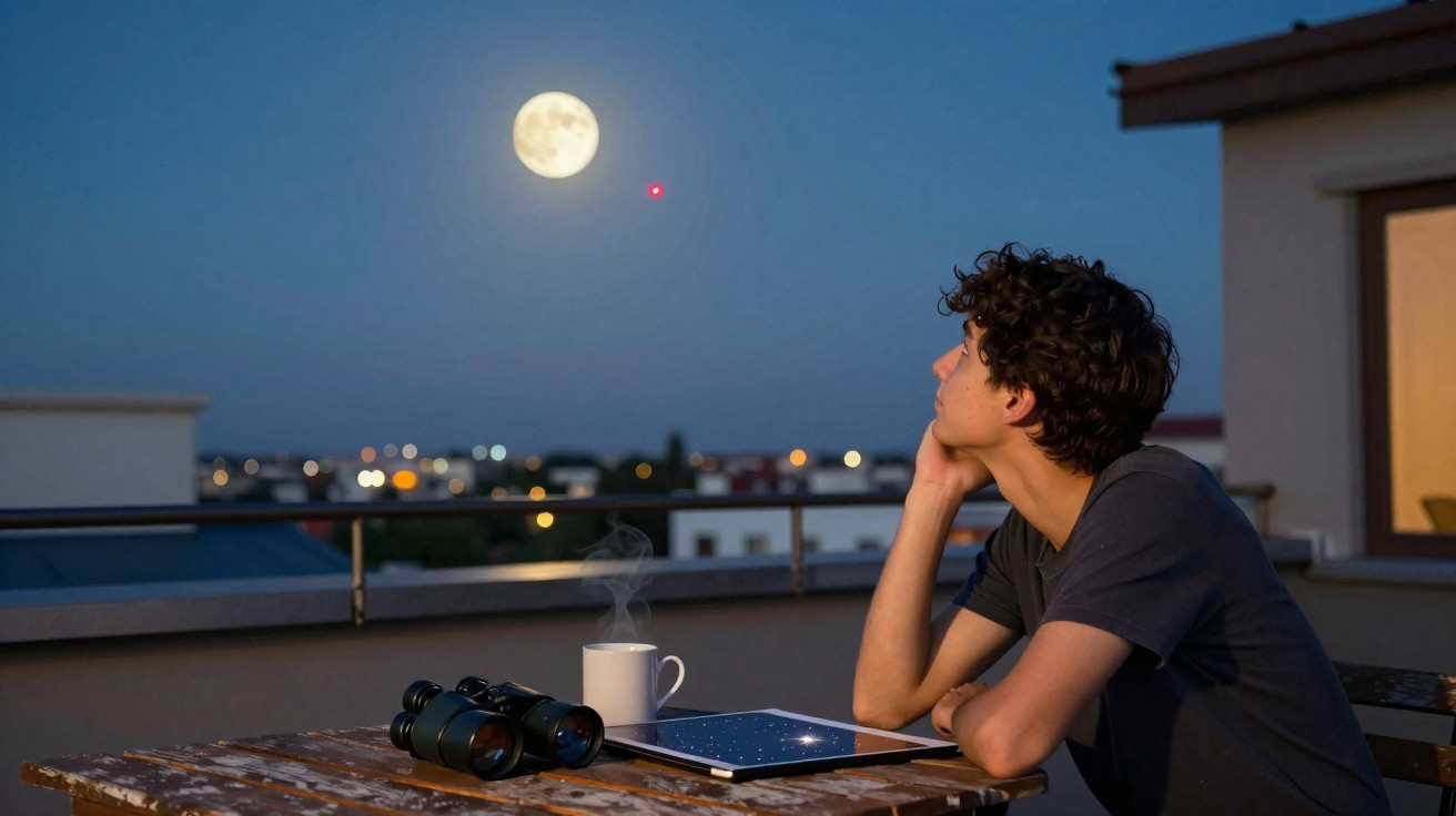 Jovem sentado em varanda olhando para a lua cheia à noite, com binóculos, tablet e caneca na mesa.