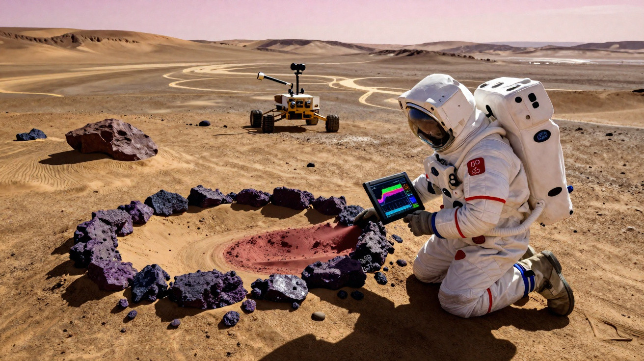 Astronauta em traje espacial analisando solo marciano com tablet, próximo a rover em terreno desértico alaranjado.