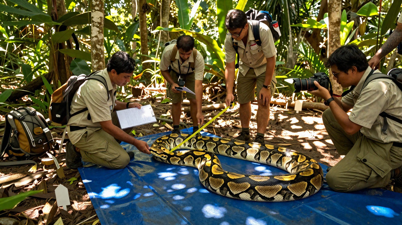 Equipe de pesquisadores mede e fotografa uma grande jiboia em área de floresta tropical.