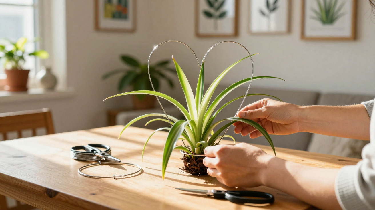 Pessoa cuidando de planta suculenta em vaso pequeno sobre mesa de madeira iluminada por luz natural.