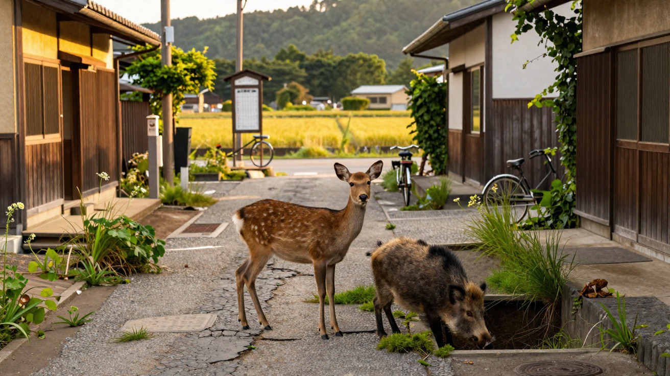 Veado e javali do lado de um caminho entre casas tradicionais em área rural ao entardecer.