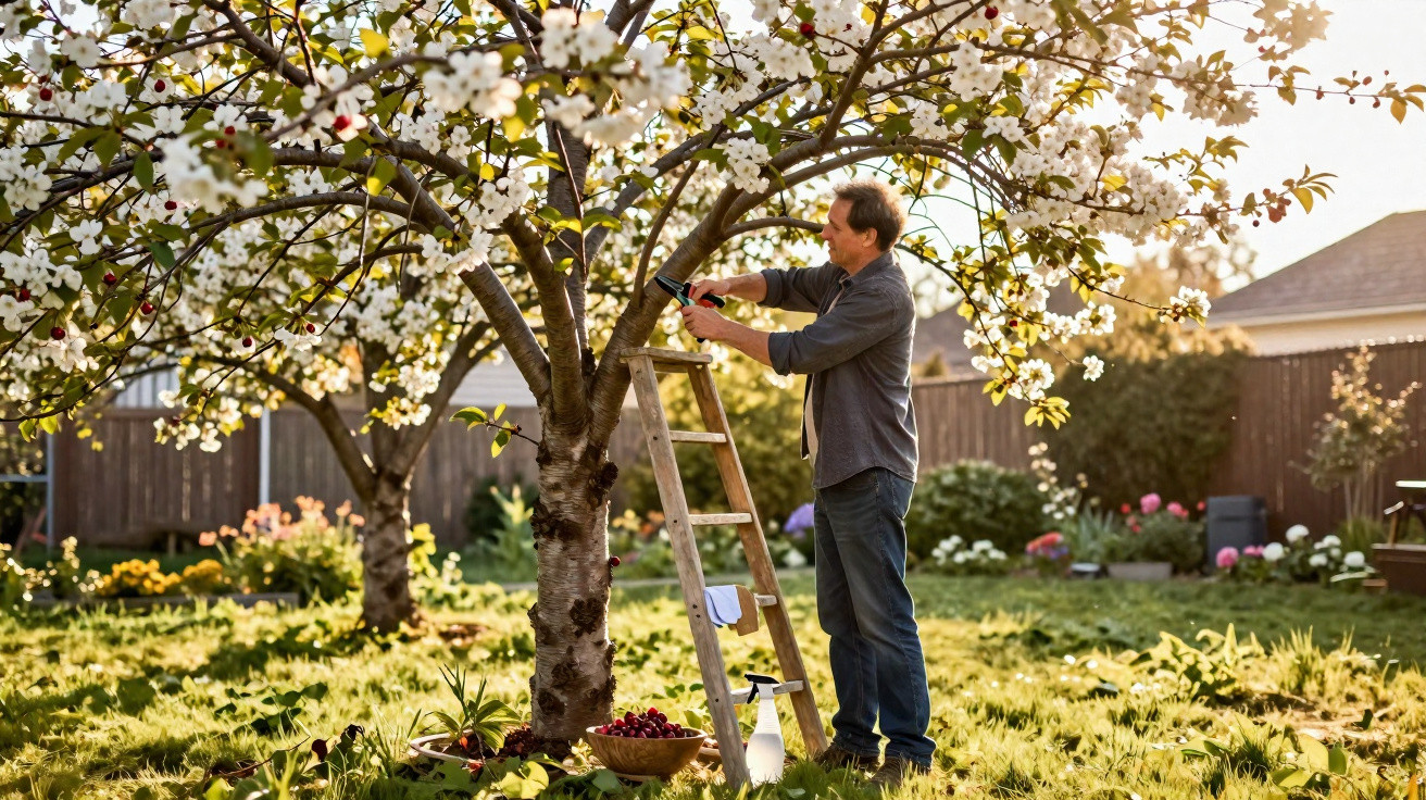 Homem em escada colhendo frutas de árvore florida em jardim ensolarado com flores e gramado verde.