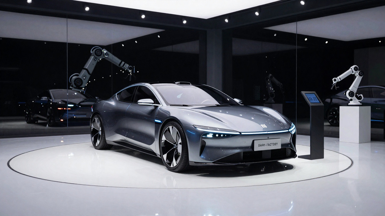 Carro elétrico cinza exibido em showroom moderno com braço robótico ao fundo e iluminação sofisticada.