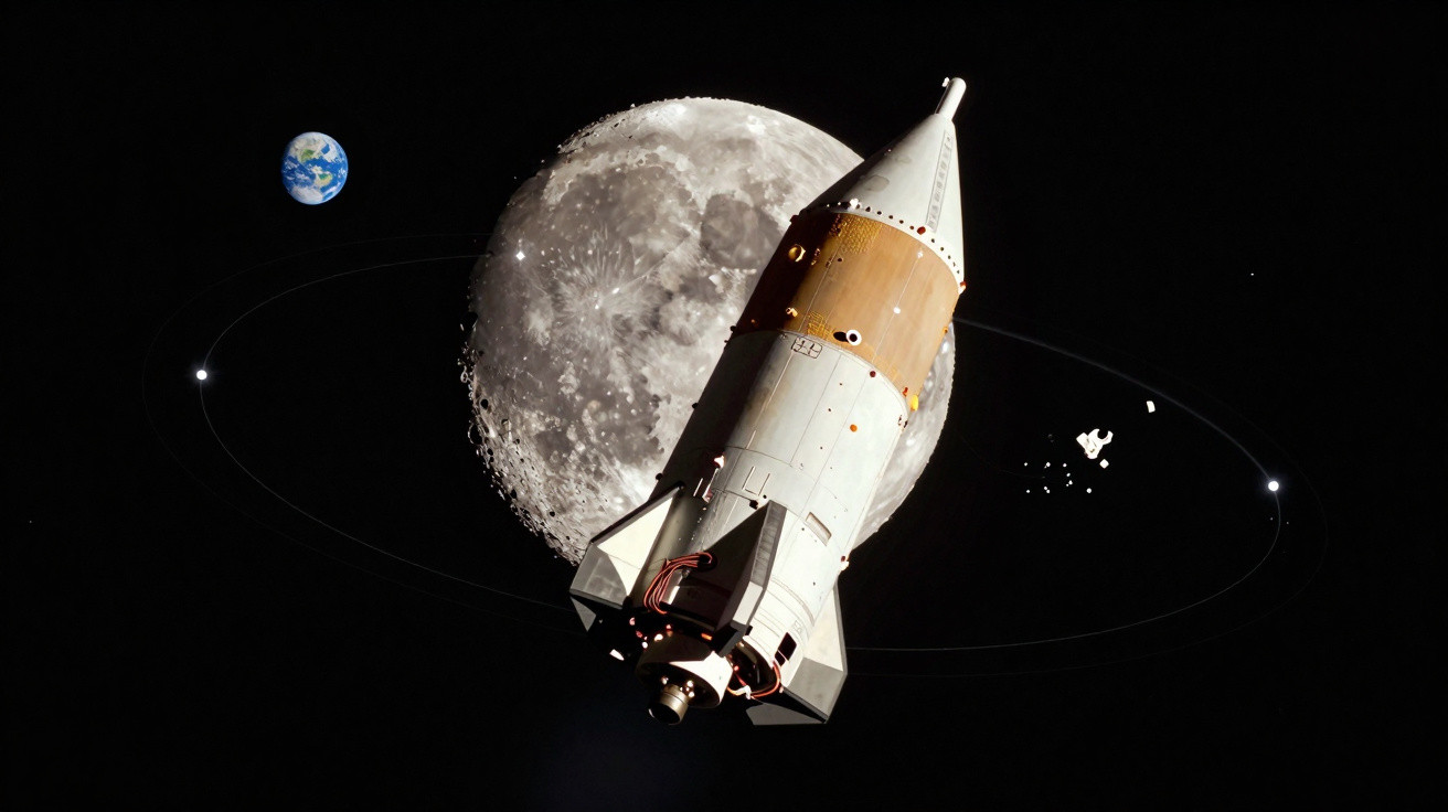 Foguete espacial em órbita com a Lua ao fundo e a Terra distante em destaque no espaço escuro.