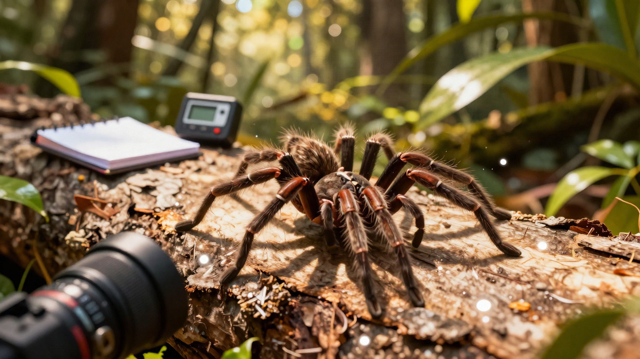 Tarantula marrom sobre tronco de árvore cercada por câmera, bloco de notas e equipamento em floresta.